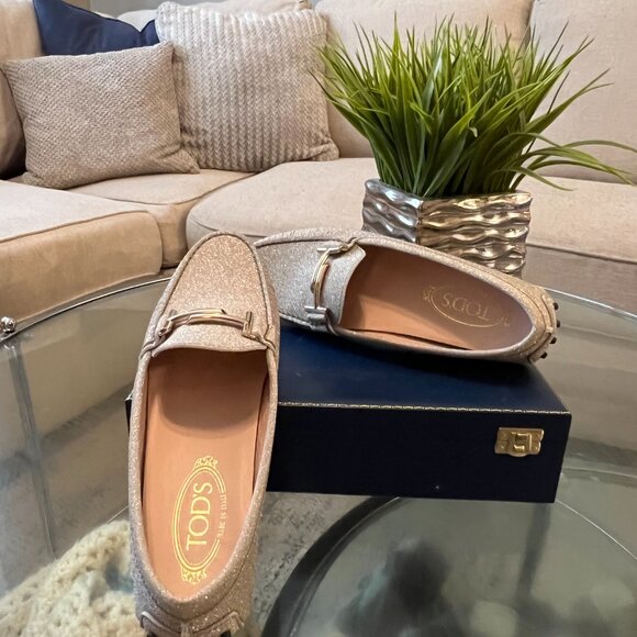 Tod's Gold Glitter Double T Slip On Loafers - Picture 3 of 5